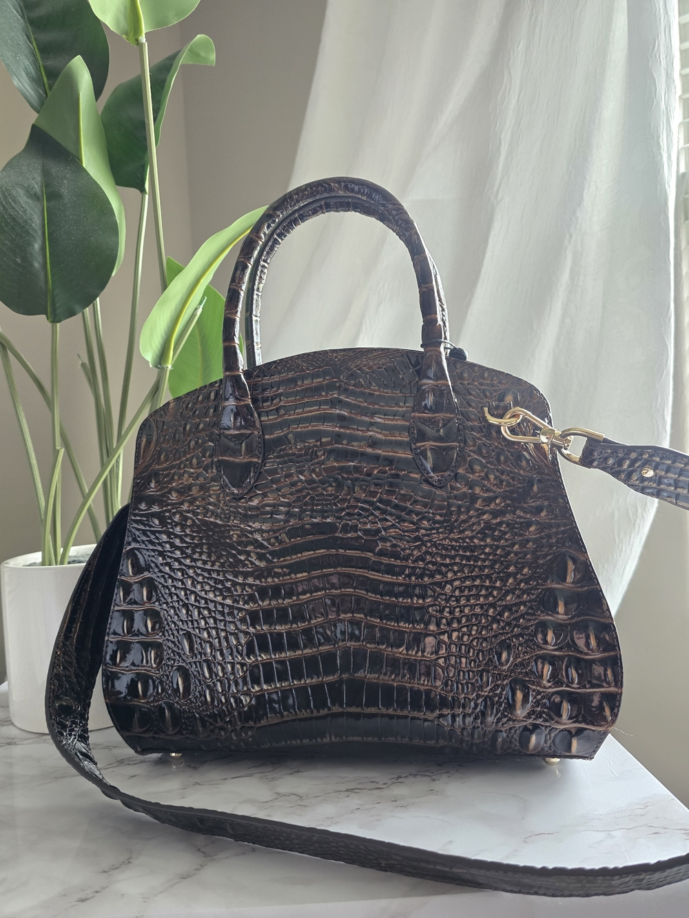 NWT Brahmin Rosetta Satchel Chocolate Melbourne Croc Embossed W/ Shoulder Strap - Picture 5 of 16